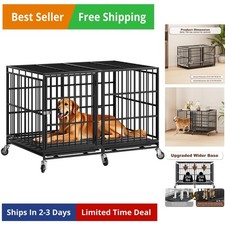 48 Inch Heavy Duty Dog Crate with Wheels  Indestructible Escape-Proof Dog Cage...