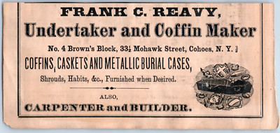 1873 Frank C. Reavy Undertaker and Coffin Maker Cohoes, NY Engraved Print Ad &C