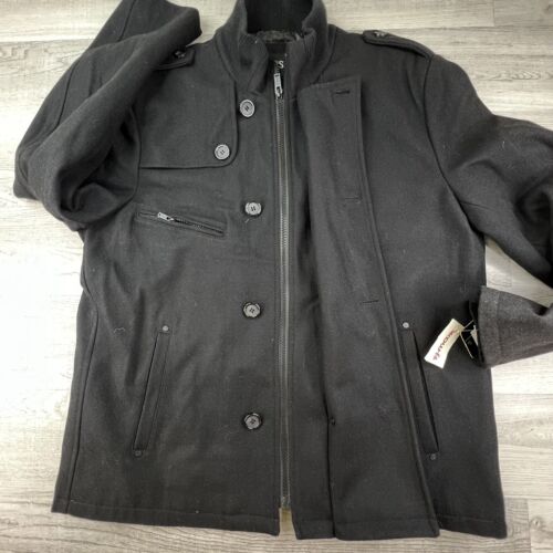NWT Guess Mens Double Breasted Pea Coat Zip Up & Button Up Wool Black Size 2XL - Picture 9 of 22