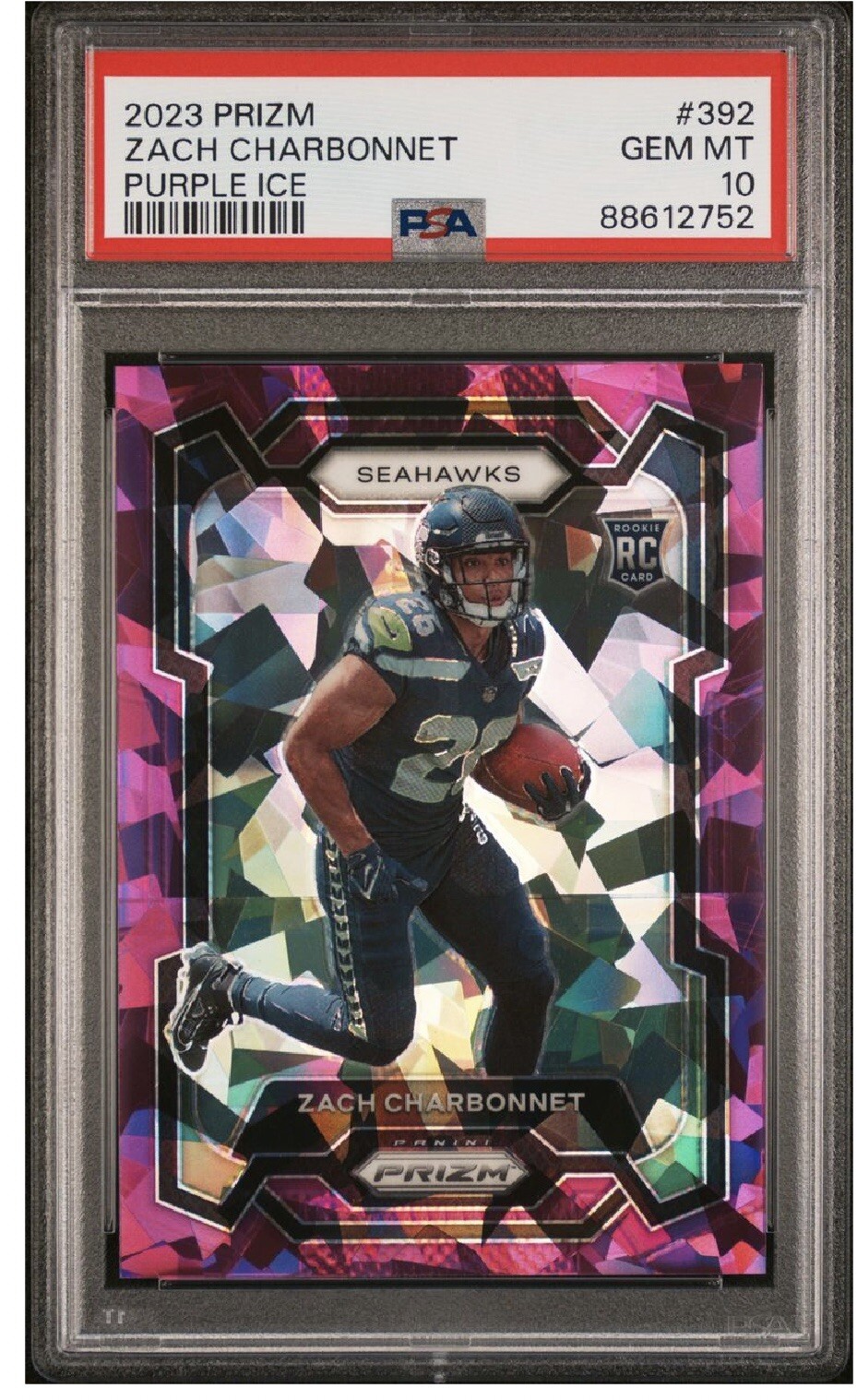 2023 Panini Prizm ZACH CHARBONNET Purple Ice /225 Prizm RC #392 PSA 10 Seahawks