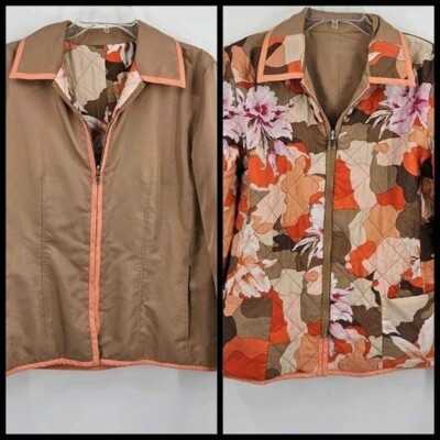 Harve Benard Reversible Zip Front Jacket Floral Side Polyester Tan Side Silk 12