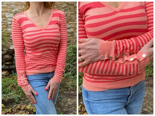 GIORGO ARMANI JEANS PEACH MELON STRIPED LOGO BUTTONS V NECK SWEATER JUMPER S 🌸