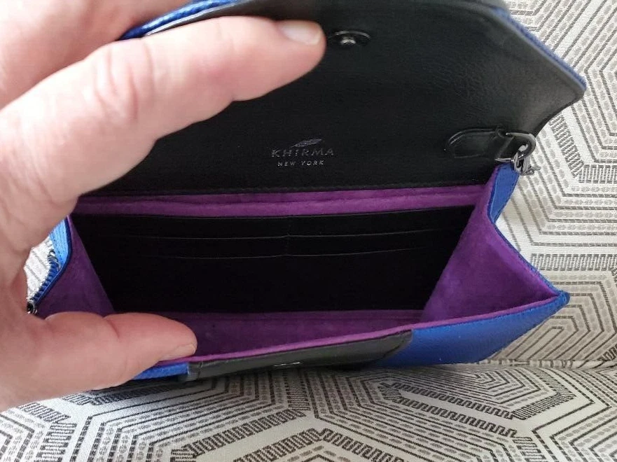 Khirma Eliazov embossed leather clutch, blue and black exterior w/shoulder strap - Image 4 of 4