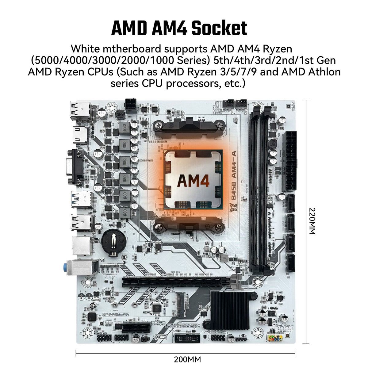 AMD B450 Motherboard White DDR4 RAM, PCIE 3.0, M.2, USB 3.0, M-ATX