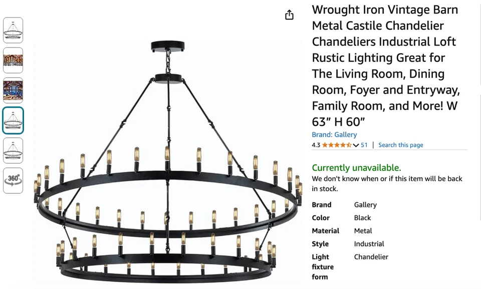 New In Box - Wrought Iron Vintage Barn Metal Castile Chandelier Industrial Loft  - Image 2 of 4