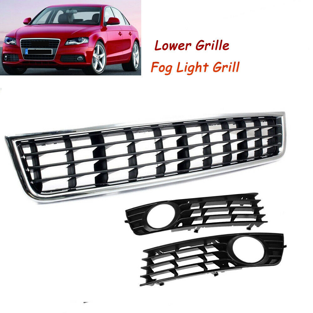 3x Front Bumper Center Lower Grille + Fog Light Grill For 02-04 Audi A4 B6 Sedan