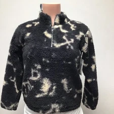 Melrose And Market Womens Fleece Jacket Black Ivory Tie Dye 1/4 Zip M New