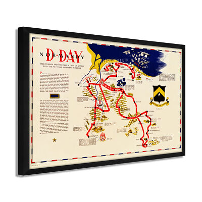 1944 D-Day Normandy Map - Framed Vintage D-Day Normandy Wall Art  Poster Print