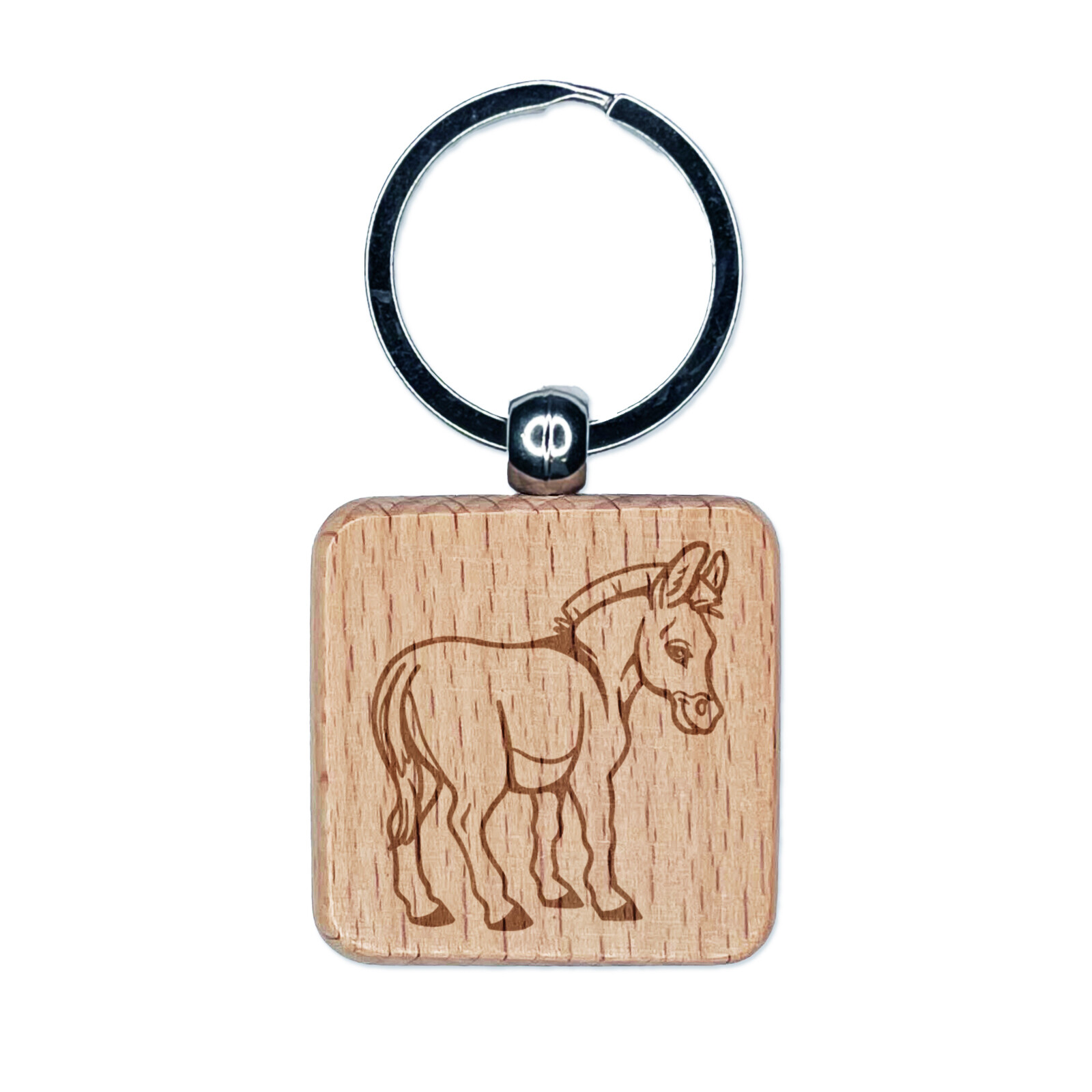 Donkey Looking Back Engraved Wooden Square Keychain Charm Tag  