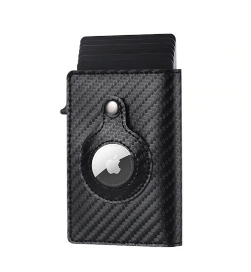 Mens Smart Leather Wallet with Apple Air Tag Holder | Carbon Fibre Black Edition