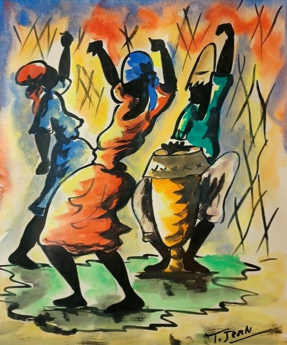 VINTAGE HAITIAN WATERCOLOR VIBRANT DANCING FIGURES ARTIST T