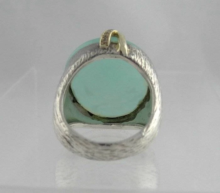 LADIES 925 18K YELLOW GOLD TEXTURED CABOCHON CHRYSOPRASE DIAMOND RING 7 3/4 - image 3 of 4