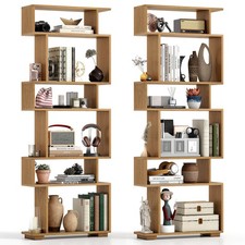 2PCS 6-Tier Bookshelf w/2 Anti-Tipping Kits Wooden Display Shelf for Home Office