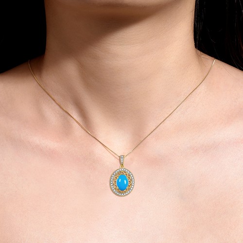 RYLOS TURQUOISE & DIAMOND GEMSTONE HALO PENDANT NECKLACE 18" YELLOW GOLD PLATED - Picture 2 of 6