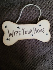 Image of 7×3.5" Wooden Sign In The Shape Of A Dog Bone W "Wipe Your Paws" On It/Dog Decor