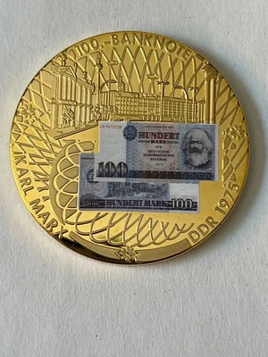 Medaille 100 Mark DDR 1975 vergoldet 50 mm PP Proof - Bild 1 von 2