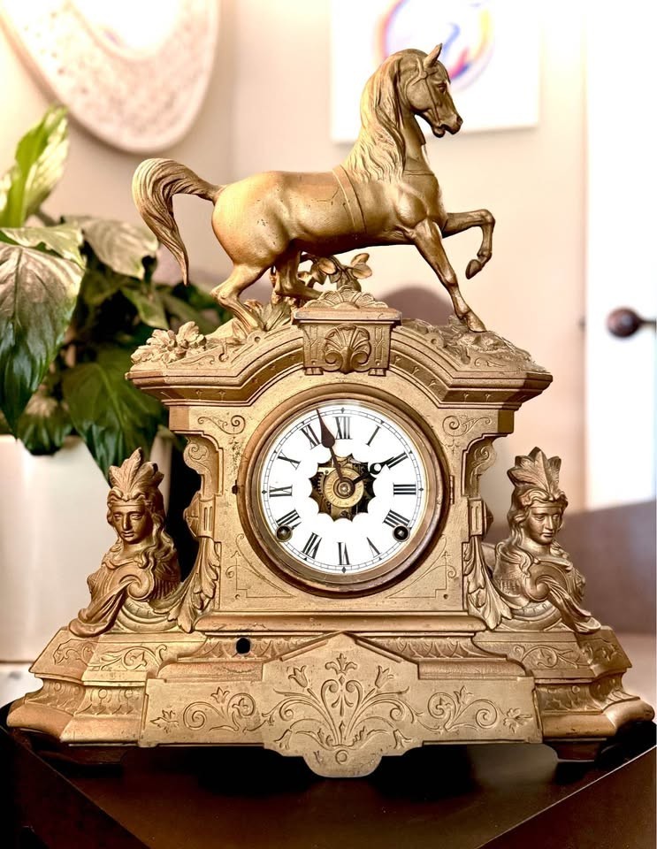 RARE Antique F. Kroeber Gilt Metal Mantel Clock with Horse