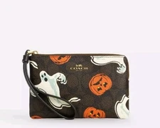 Coach Corner Zip Wristlet In Signature Canvas With Halloween Print - New Ghost