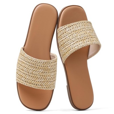 Slides Sandals for Women Basic Raffia Slip On Flat Sandals Open Toe Comfort B...