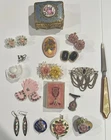 Antique Vintage Lot Brooch Earrings Jewelry Casket Cloisonné Pendants, Bakelite