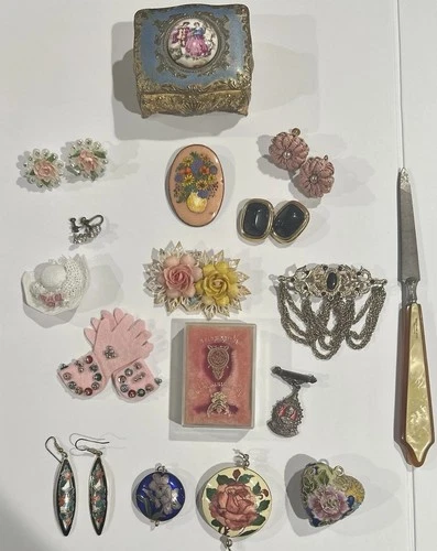 Antique Vintage Lot Brooch Earrings Jewelry Casket Cloisonné Pendants, Bakelite