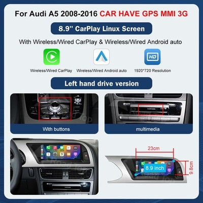 8.9'' Wireless Carplay Autoradio Multimed Screen Radio For Audi A5 S5 B8 MMI3G