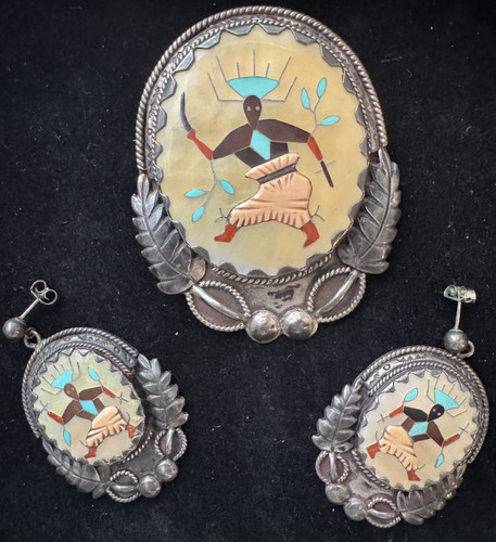 VINTAGE LONJOSE ZUNI STERLING SILVER PEARL-INLAY DANCER BOLO TIE+ EARRINGS SET 3