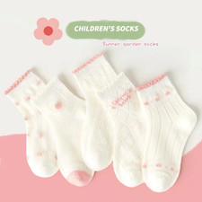 5 Pairs of White Girls' Mid-Calf Socks with Simple Lines Casual Cotton Mesh Brea