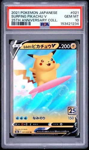 2021 POKEMON JAPANESE 25TH ANNIVERSARY COLLECTION #021 SURFING PIKACHU V PSA 10