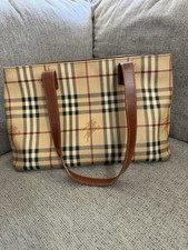 Burberry Tan Check Canvas Tote with Brown Leather Straps