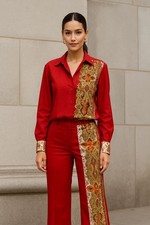 VNTG Leisure Suit Two-Piece Pant Set paisley print red women M read description