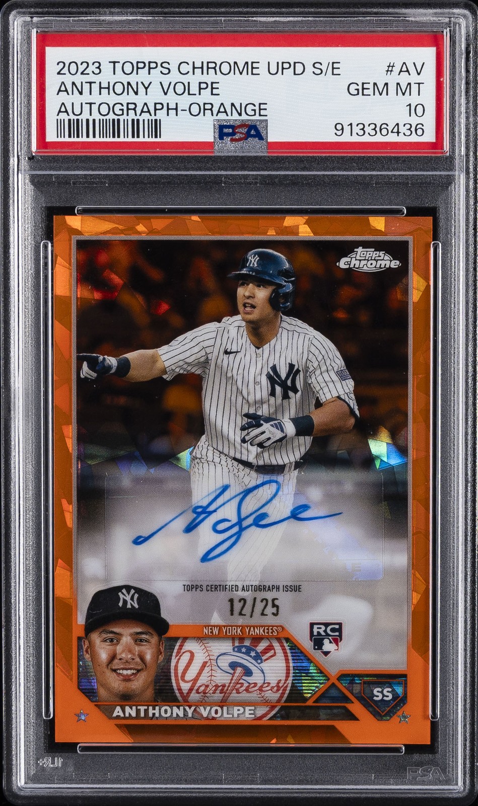 2023 TOPPS CHROME UPDATE SAPPHIRE ED AUTO ORANGE #AV ANTHONY VOLPE 12/25 PSA 10