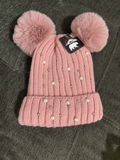 Pink Chenille Beanie With Fluffy Ears Faux  Pearls Diamonds 