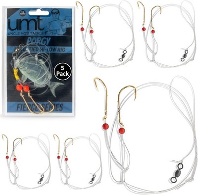 5 Pack UMT Porgy Hi-Low Fishing Rigs with Gold Mustad 1/0 Hooks, 80ib Swivel