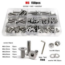 150pcs M6 Hexagon Hex Socket Ultra Thin Head Screw Bolt Set 304 Stainless Steel
