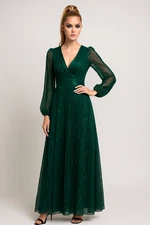 Betsy Adam "Alexa" Long Sleeve Metallic Knit Gown Jade Modest V Neck Crinkle *12