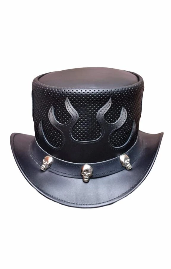 leather top hat flame style skulls mens leather top hat black leather top hat