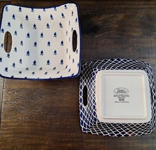 New Certified International Set (2) Square Bowls W/Handles Navy/ White Porcelain