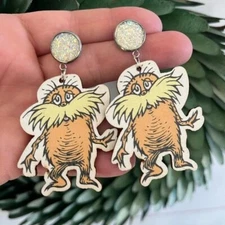 Brand NEW adorable dr. seuss wooden LORAX dangle, drop earrings