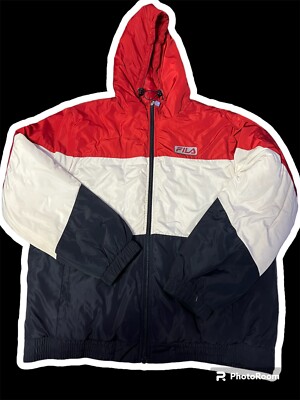 Mens Vintage Fila Red white and Navy Puffer Jacket Hooded Size Men’s XL 