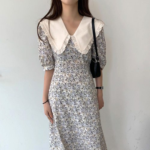 Vestito donna elegante bambola francese colletto floreale vita lunga manica corta vestito - Foto 3 di 13