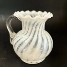 Vintage FENTON French Opalescent White Swirl Ruffled Creamer 4” Vase with Handle