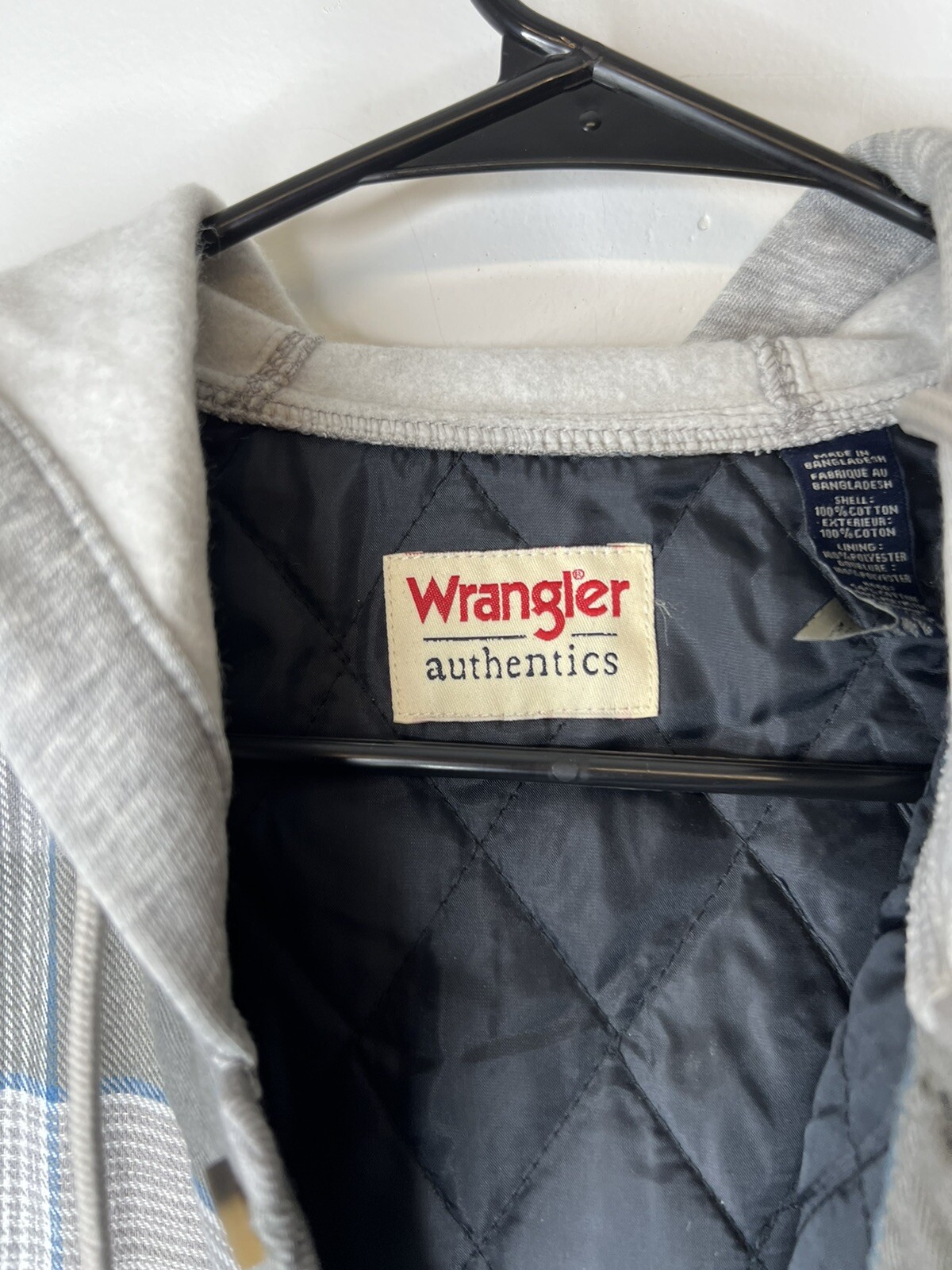 Wrangler Mens Quilted Lined Flannel Shirt Jacket Hood | Blue/Gray | SMALL Coat