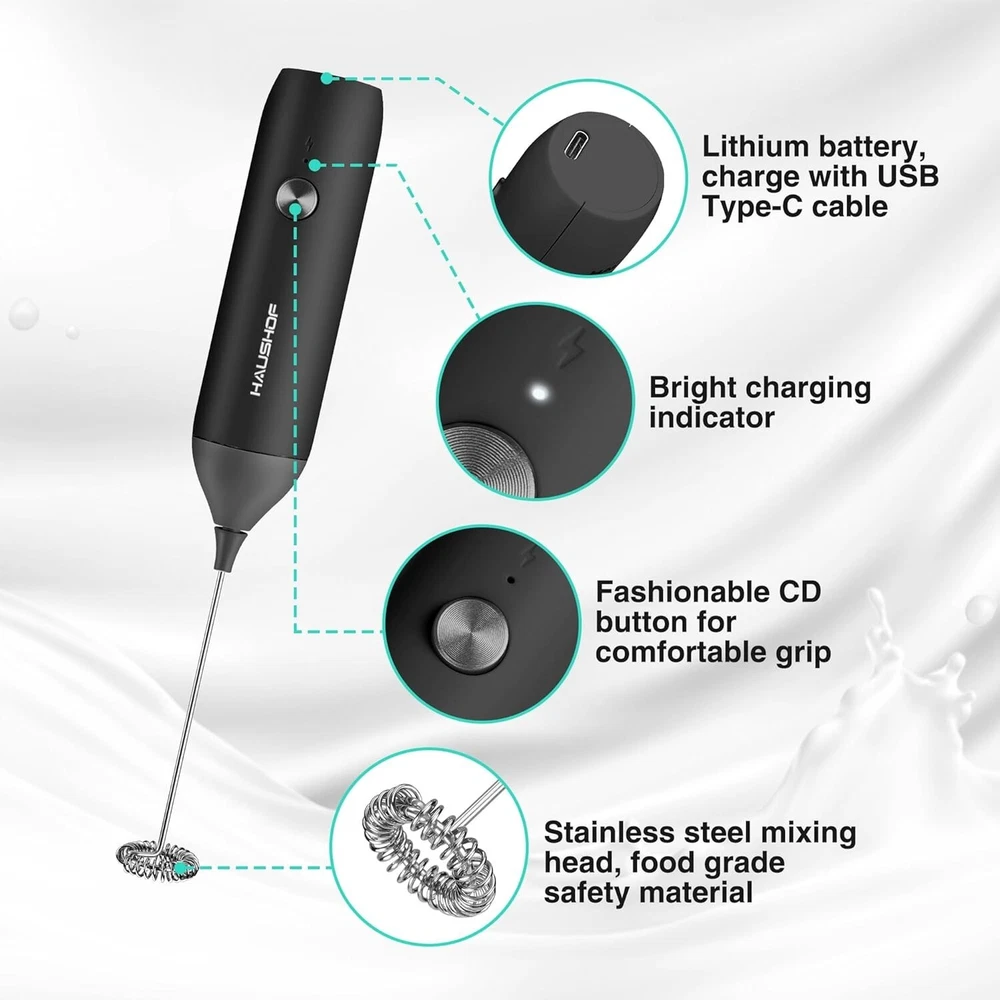 Milk Frother Handheld Double Whisk Foam Coffee Maker USB Rechargeable Electric