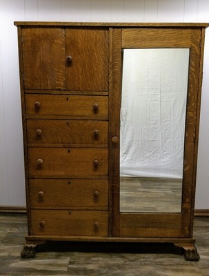 Antique Claw Feet Quarter Sawn Solid Oak Chifferobe Wardrobe