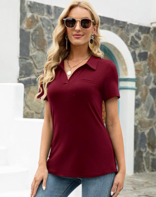 Womens V Neck Polo Shirts Short Sleeve Collared Tops Loose Casual Tunic Blouses