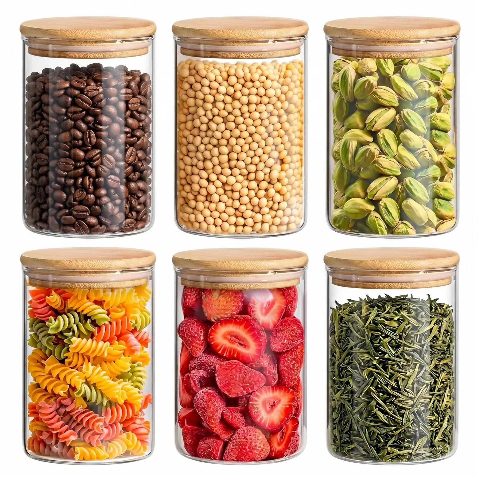 24oz 6-Pack Borosilicate Glass Jars with Airtight Wooden Lids, Clear Food Sto...