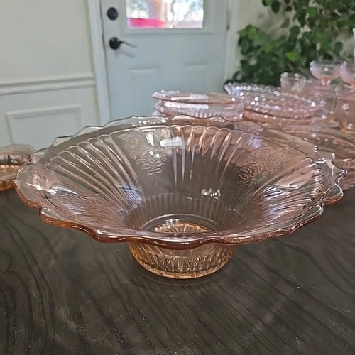 Vintage Anchor Hocking Mayfair Open Rose Pink Depression Glass Footed Bowl Retro