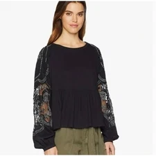 FREE PEOPLE | Black Penny Embroidered Sleeve Boxy Peplum Top | Small