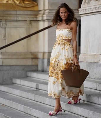Zimmermann Aliane Scallop Midi Dress 1 AU 10 US 6 Linen Amber Floral Open  Back | eBay
